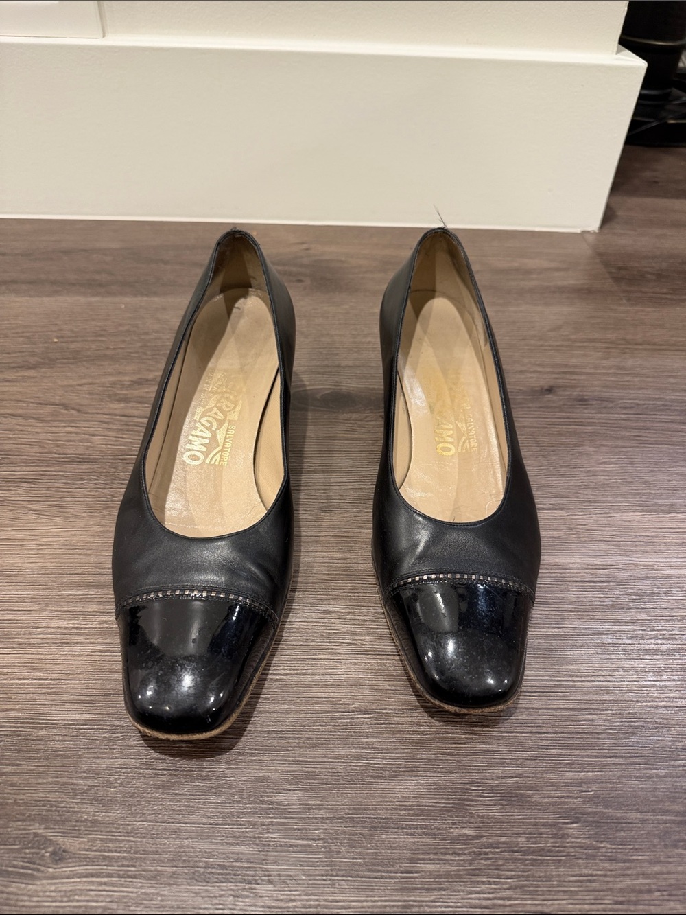 Salvatore Ferragamo Black Leather Pumps with Patent Cap Toe